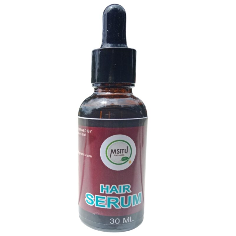 Msitu Organics Hair Serum - 30 ml Our hair serum is combined with oils that have been proven to be helpful to the scalp and hair. This hair serum forms a protective layer on the hair strands, adds shine, smoothens the hair, repairs damage, protects from pollution and environmental aggressors, and reduces fizziness caused by heat and chemicals. Our hair serum is a good option for dry and damaged hair since it has potent concentrated active ingredients that repair and nourish dry-damaged hair. Key Features It adds shine. Smoothens the hair and repairs damage Protects the hair from pollution and environmental aggressors. Reduces friziness caused by heat and chemicals. 